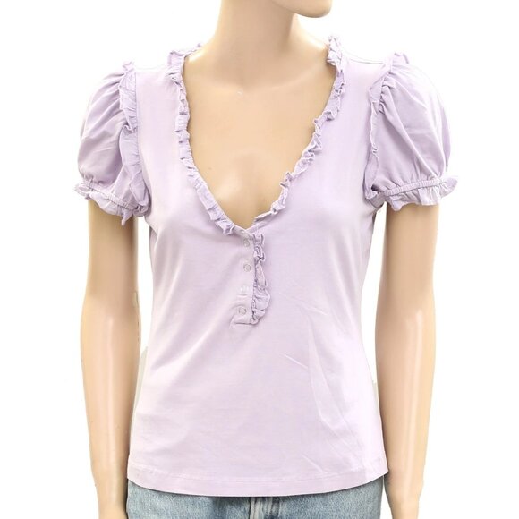 Maeve Anthropologie Puff-Sleeve Ruffle Henley Tee Blouse Top Ruffle XXS 280100 - Picture 4 of 7